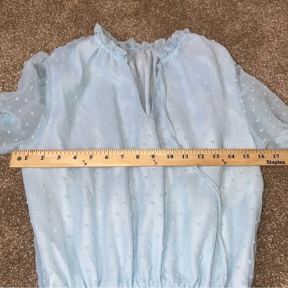 Dress swiss dot baby blue long puff sleeve tiered lined elastic waist SZ SM mini - Picture 7 of 9